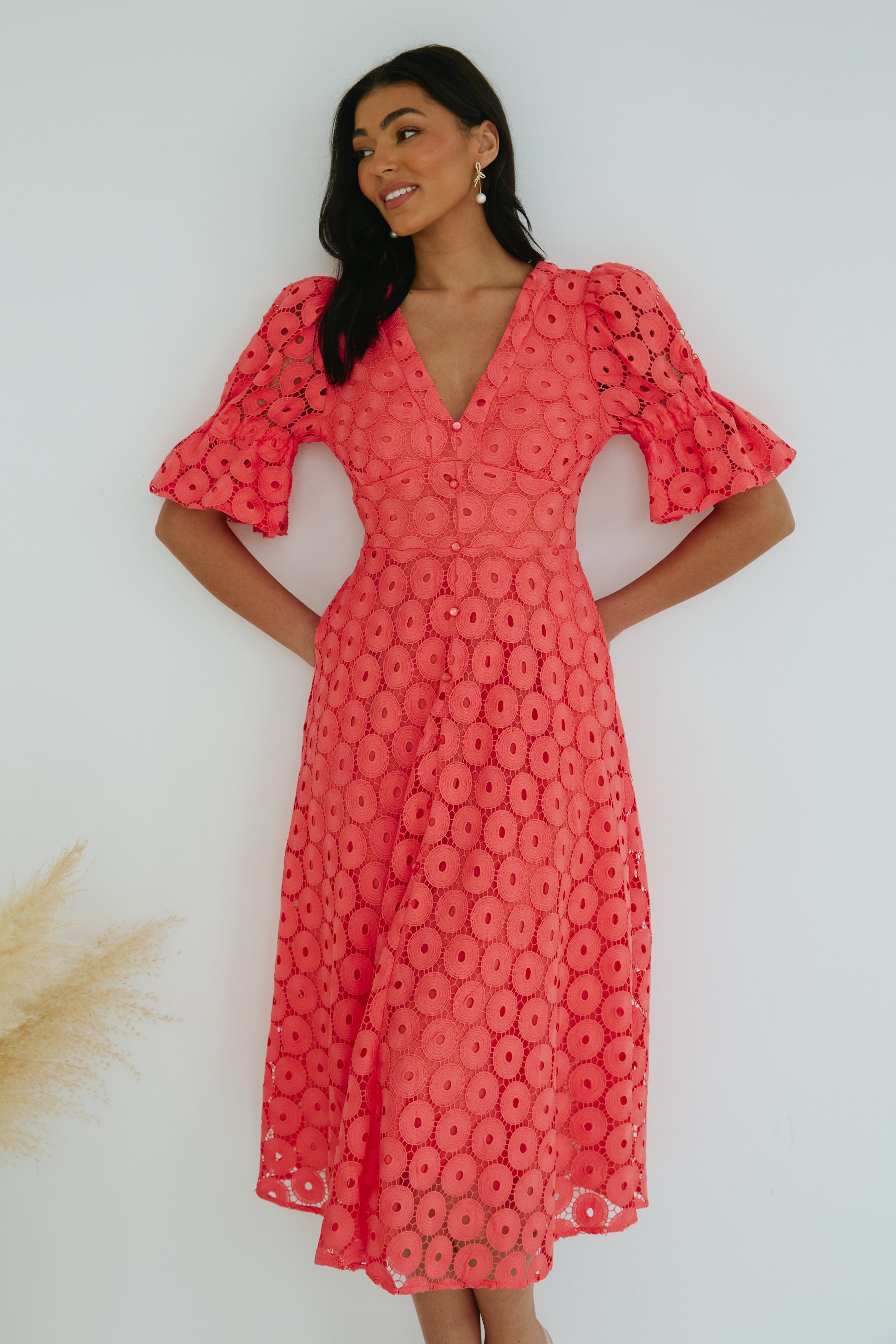 CALLIE CROCHET LACE MIDI DRESS CORAL 8thsign