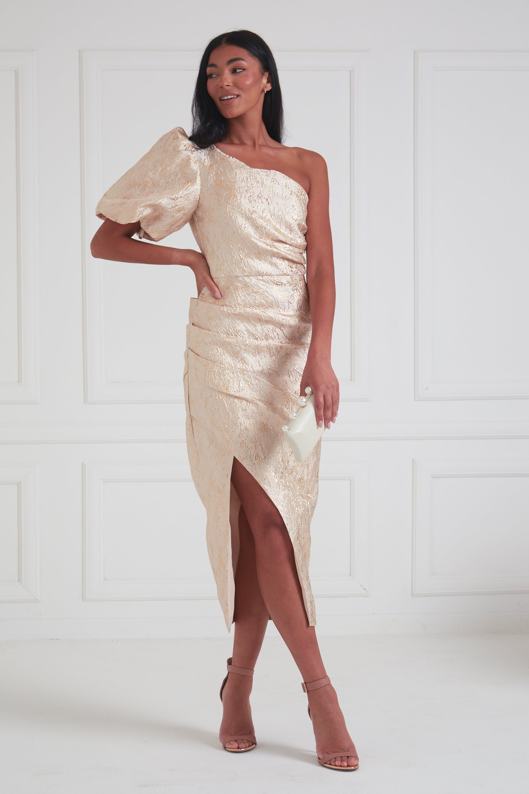 DIANA METALLIC 1 SHOULDER RUCHE MIDI
