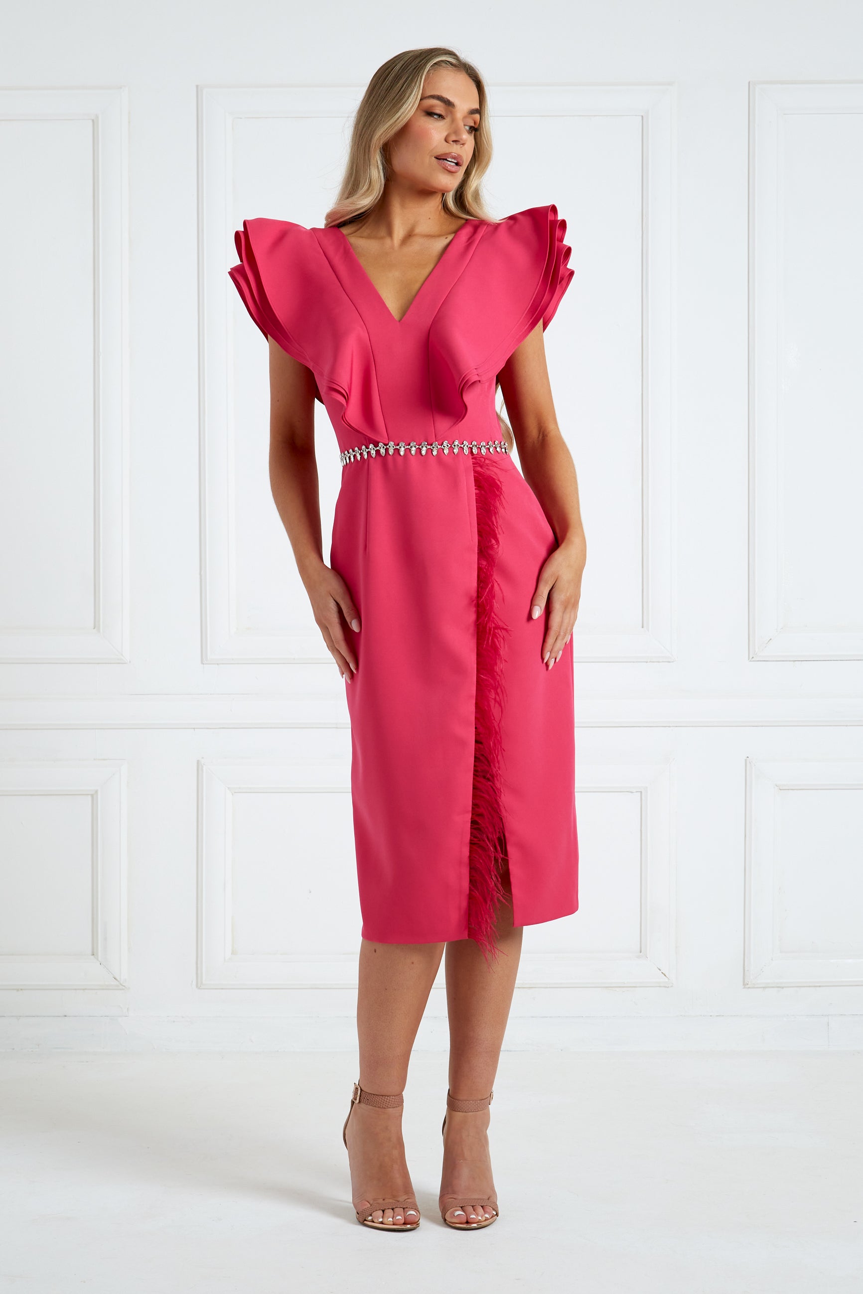 Pink frill 2025 sleeve dress