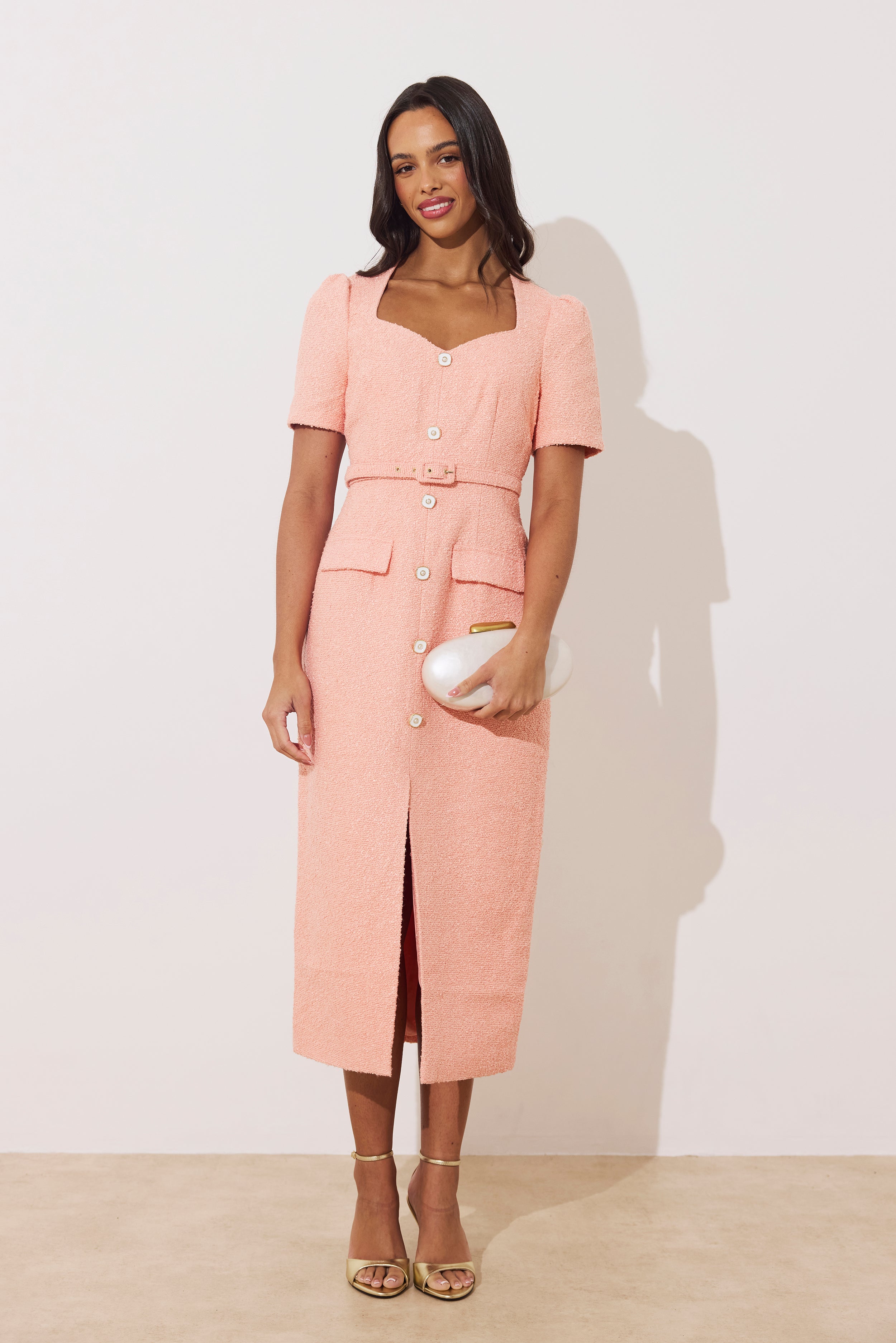 HARRIET TWEED BUTTON FRONT BELTED MIDI - PEACH – 8thsign