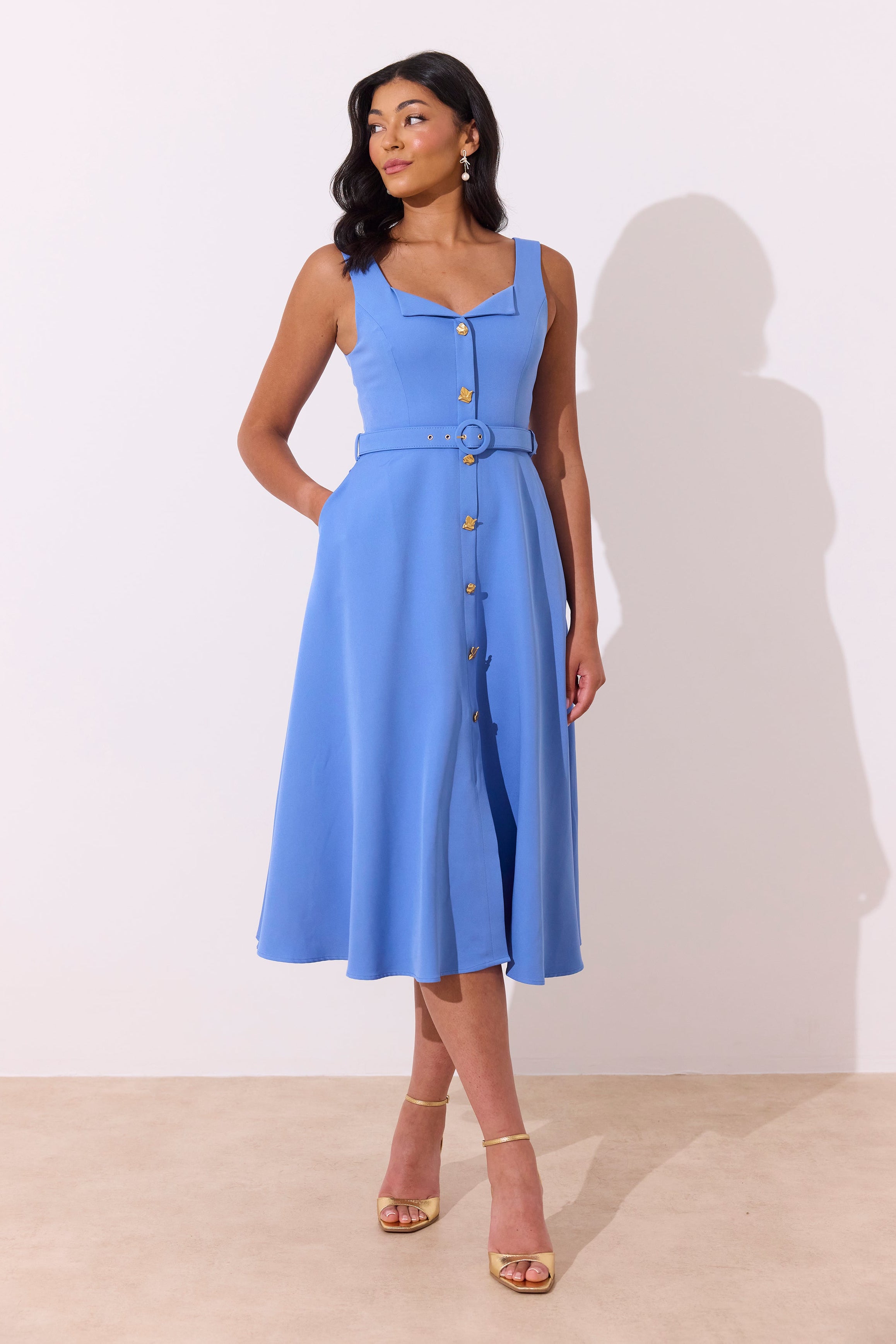 SAFFIRA BELTED FULL SKIRT MIDI DRESS