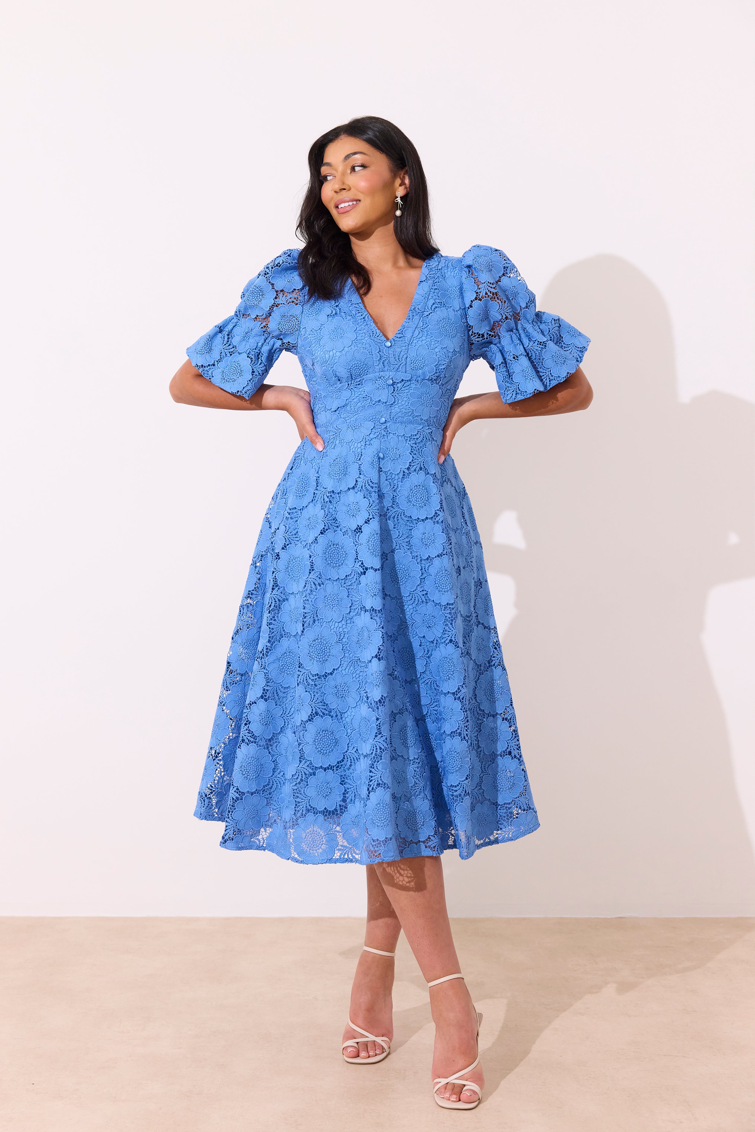 CALLIE CROCHET LACE MIDI DRESS - CORNFLOWER BLUE 8thsign CALLIE CROCHET LACE MIDI DRESS - CORNFLOWER BLUE 8thsign