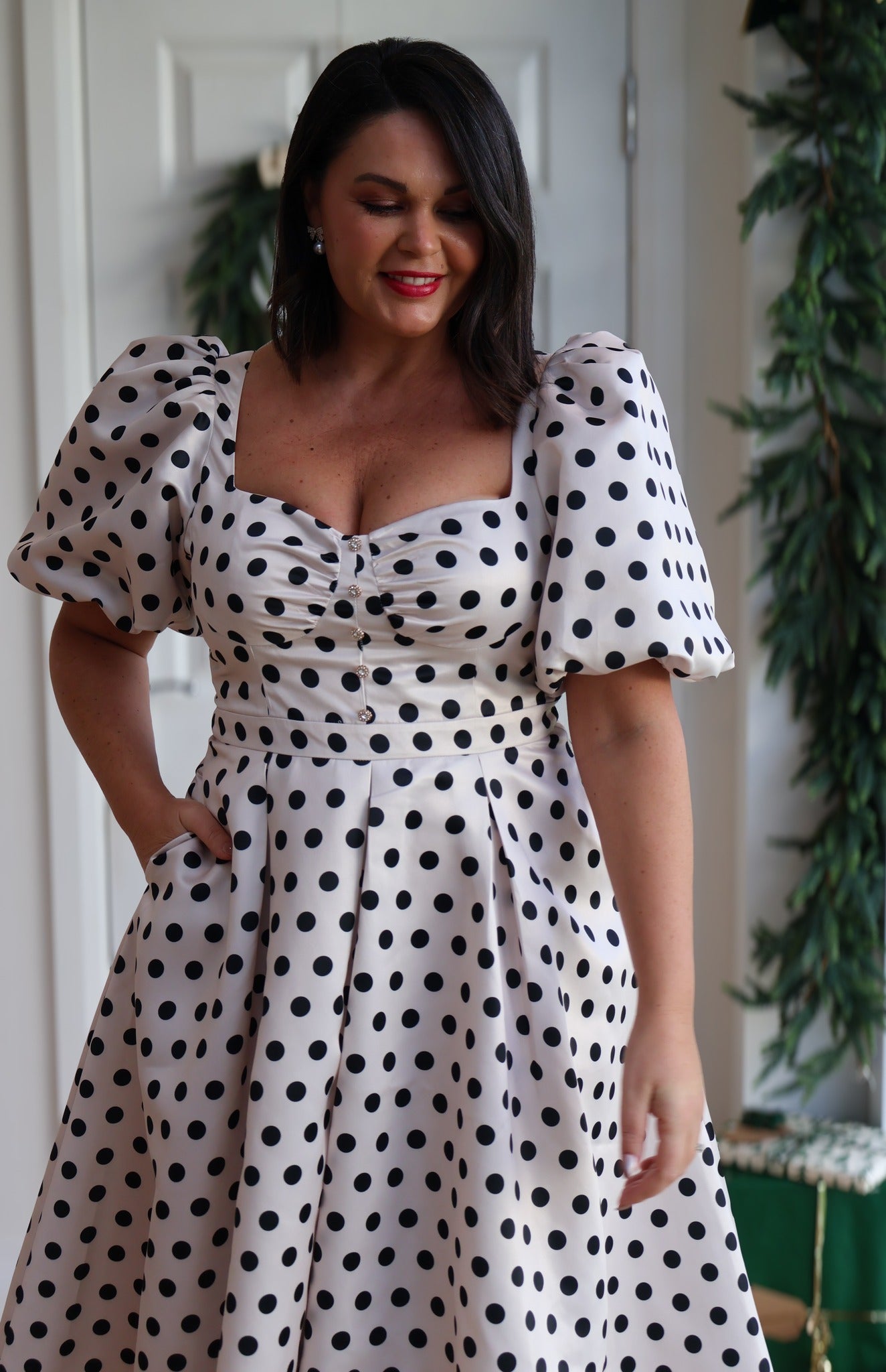 AUDREY PUFF SLEEVE FULL SKIRT DRESS - CHAMPAGNE IVORY POLKA DOT