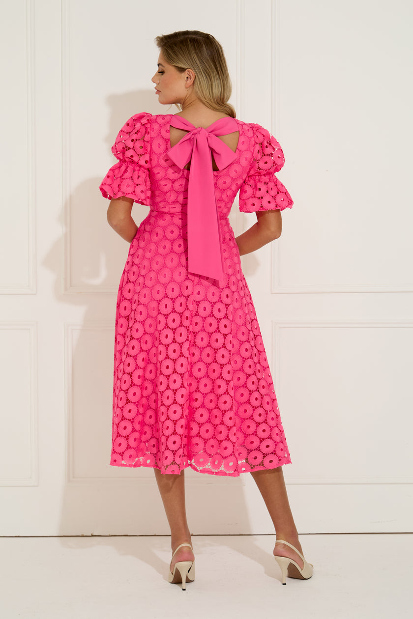 CALLIE CROCHET LACE MIDI DRESS WITH BOW BACK - FUSCIA PINK