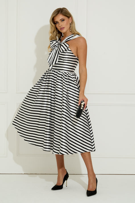 HATTIE STRIPE FULL SKIRT DRESS - BLACK WHITE