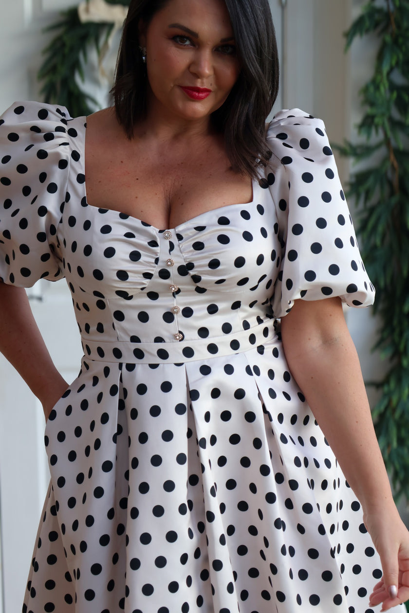 AUDREY PUFF SLEEVE FULL SKIRT DRESS - CHAMPAGNE IVORY POLKA DOT