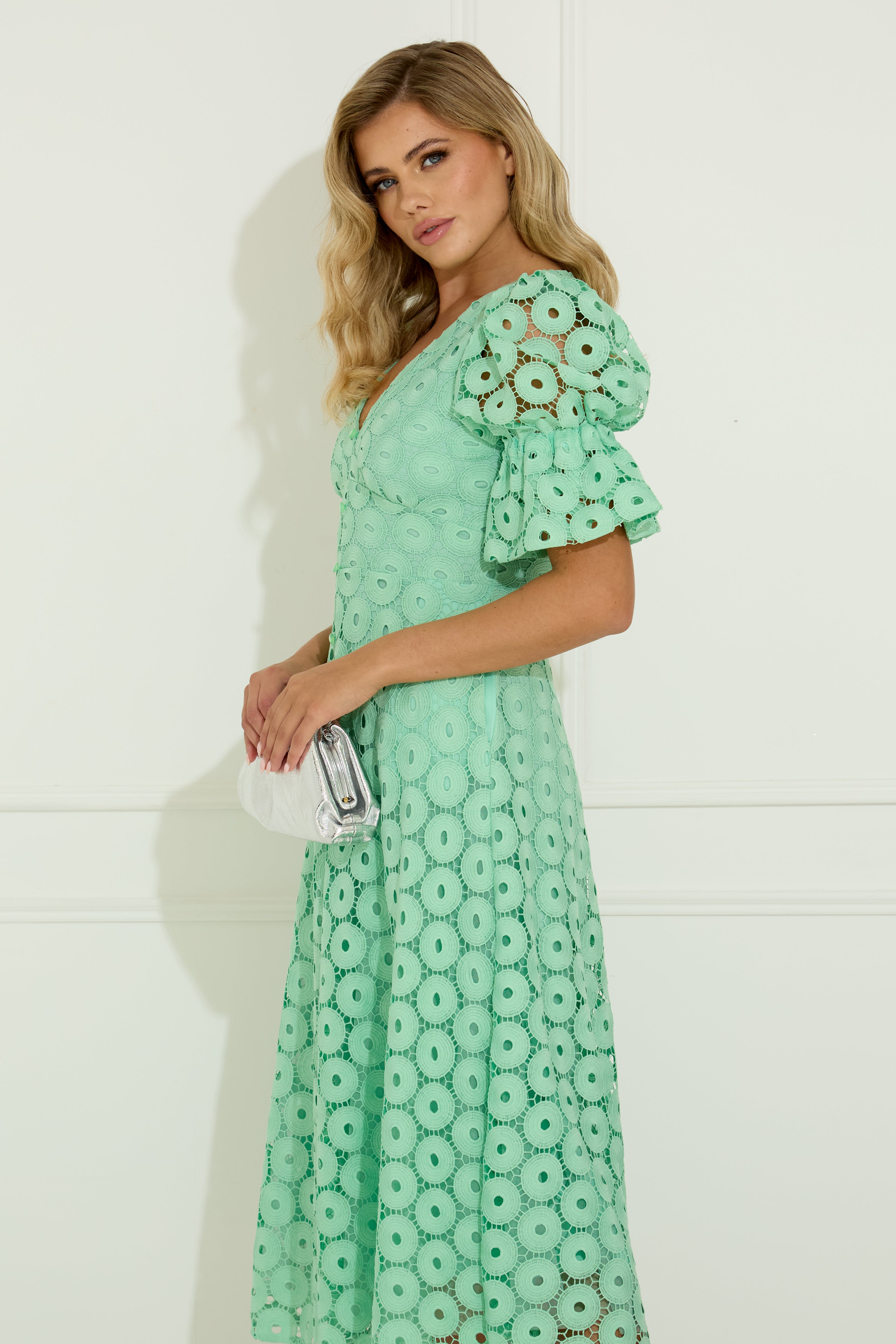 CALLIE CROCHET LACE MIDI DRESS - MINT GREEN