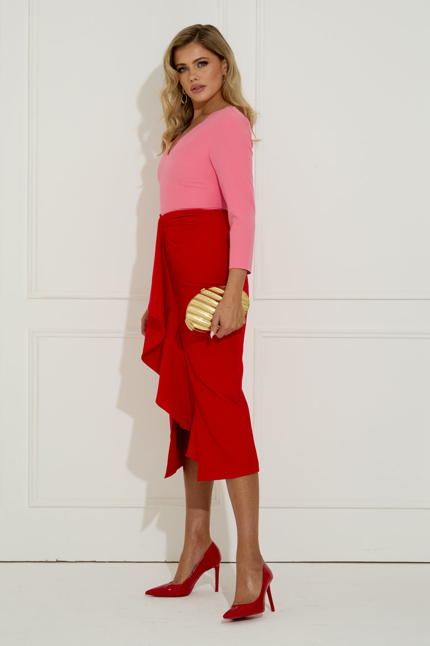 CARMEN COLOURBLOCK FRILL MIDI DRESS - RED PINK