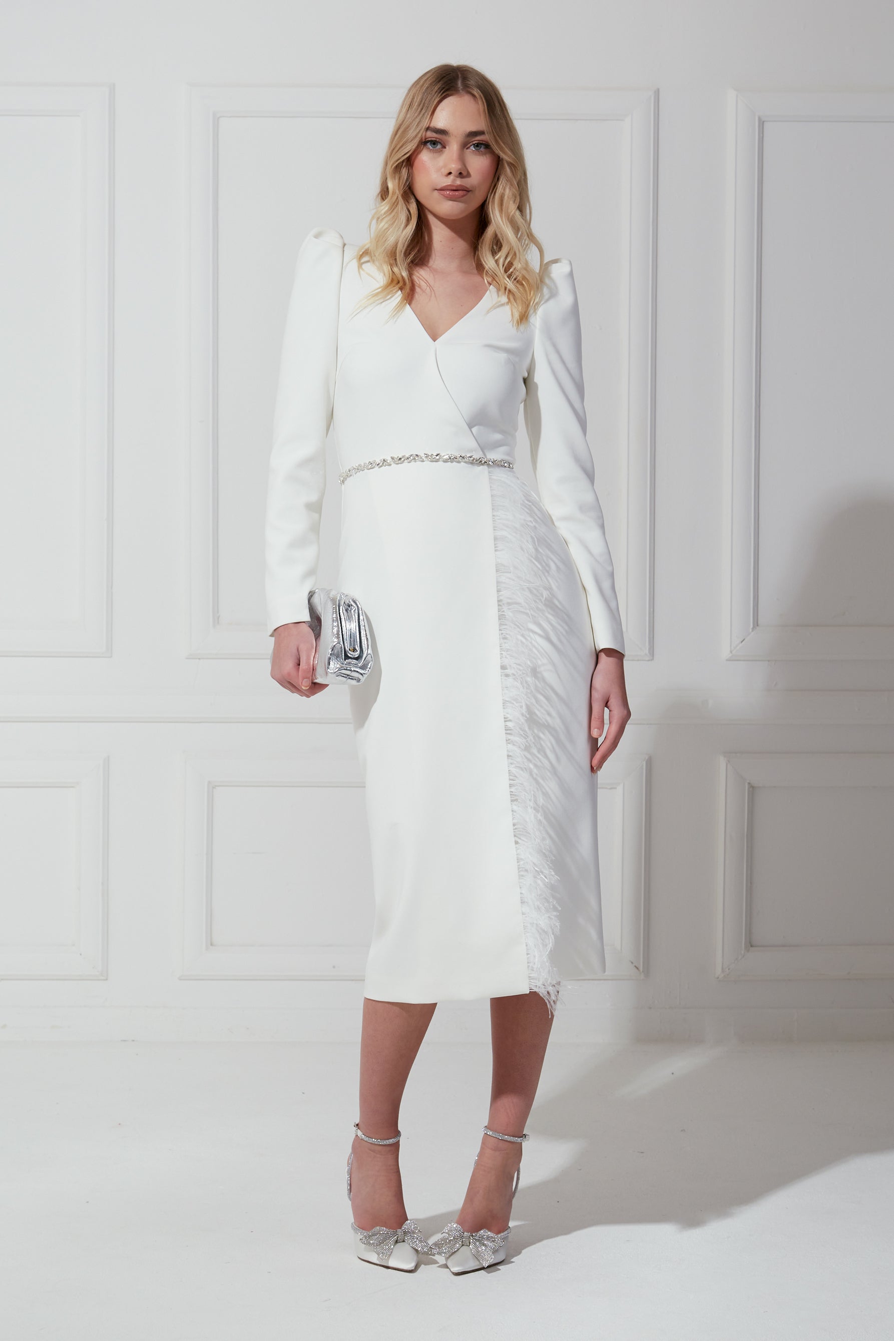 VIVIENNE FEATHER TRIM PUFF SHOULDER MIDI DRESS - IVORY