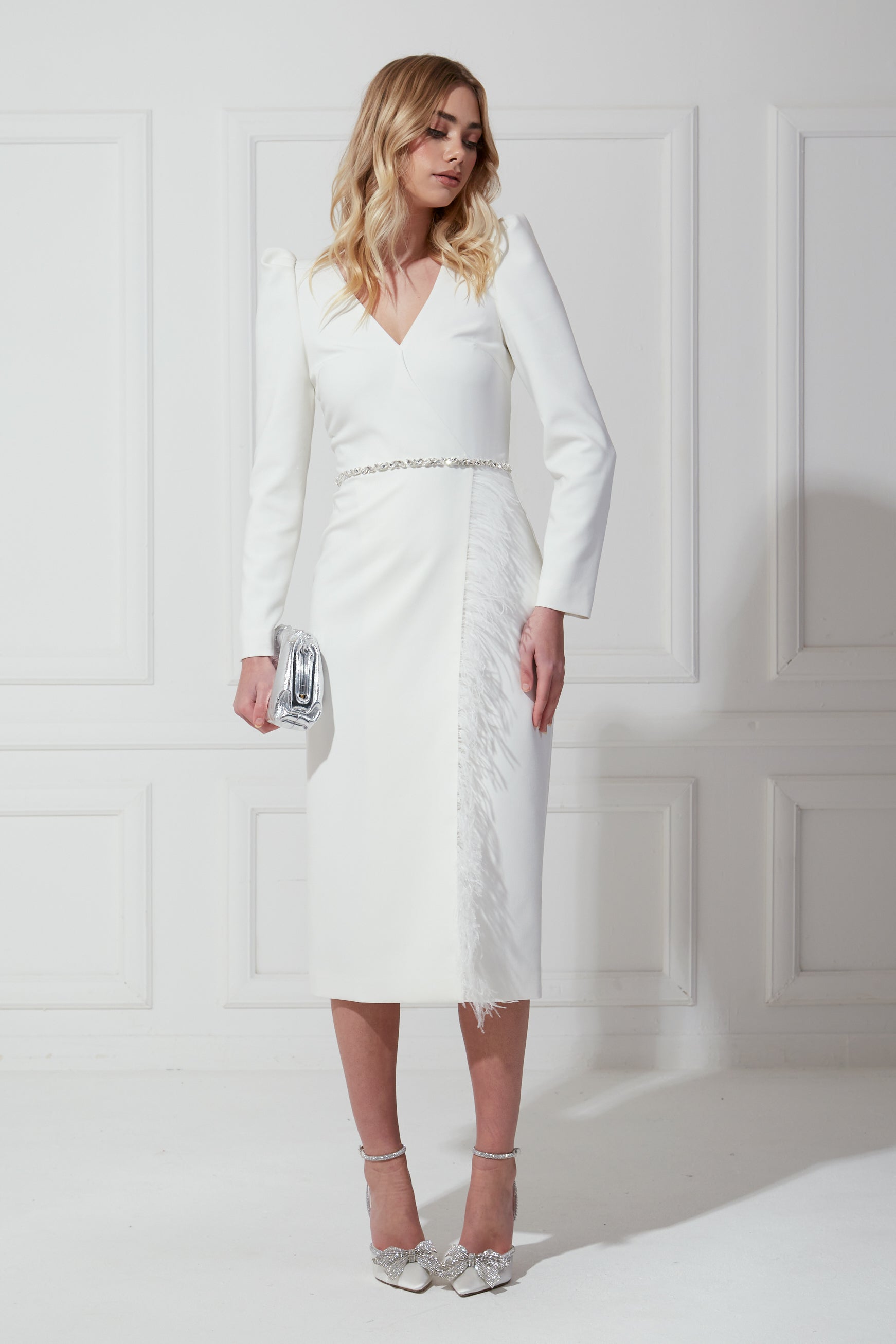 VIVIENNE FEATHER TRIM PUFF SHOULDER MIDI DRESS - IVORY