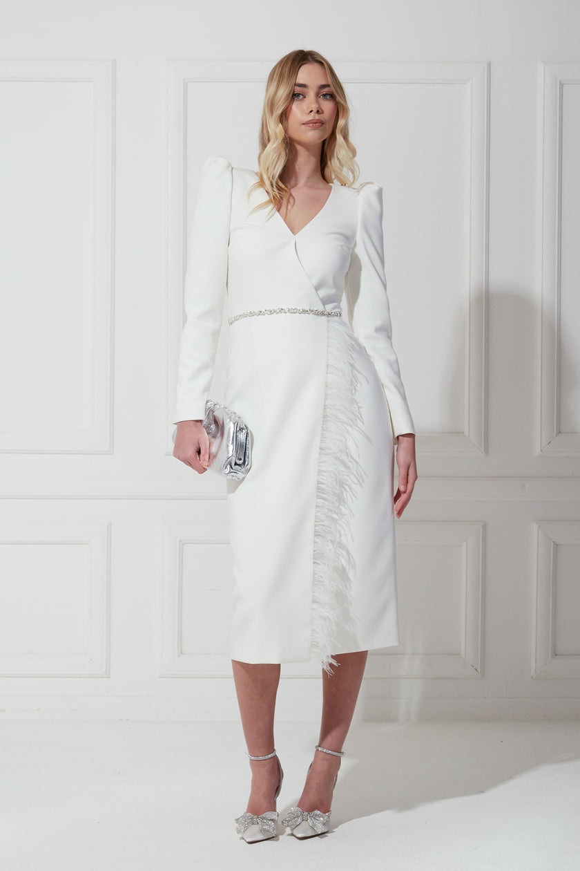 VIVIENNE FEATHER TRIM PUFF SHOULDER MIDI DRESS - IVORY