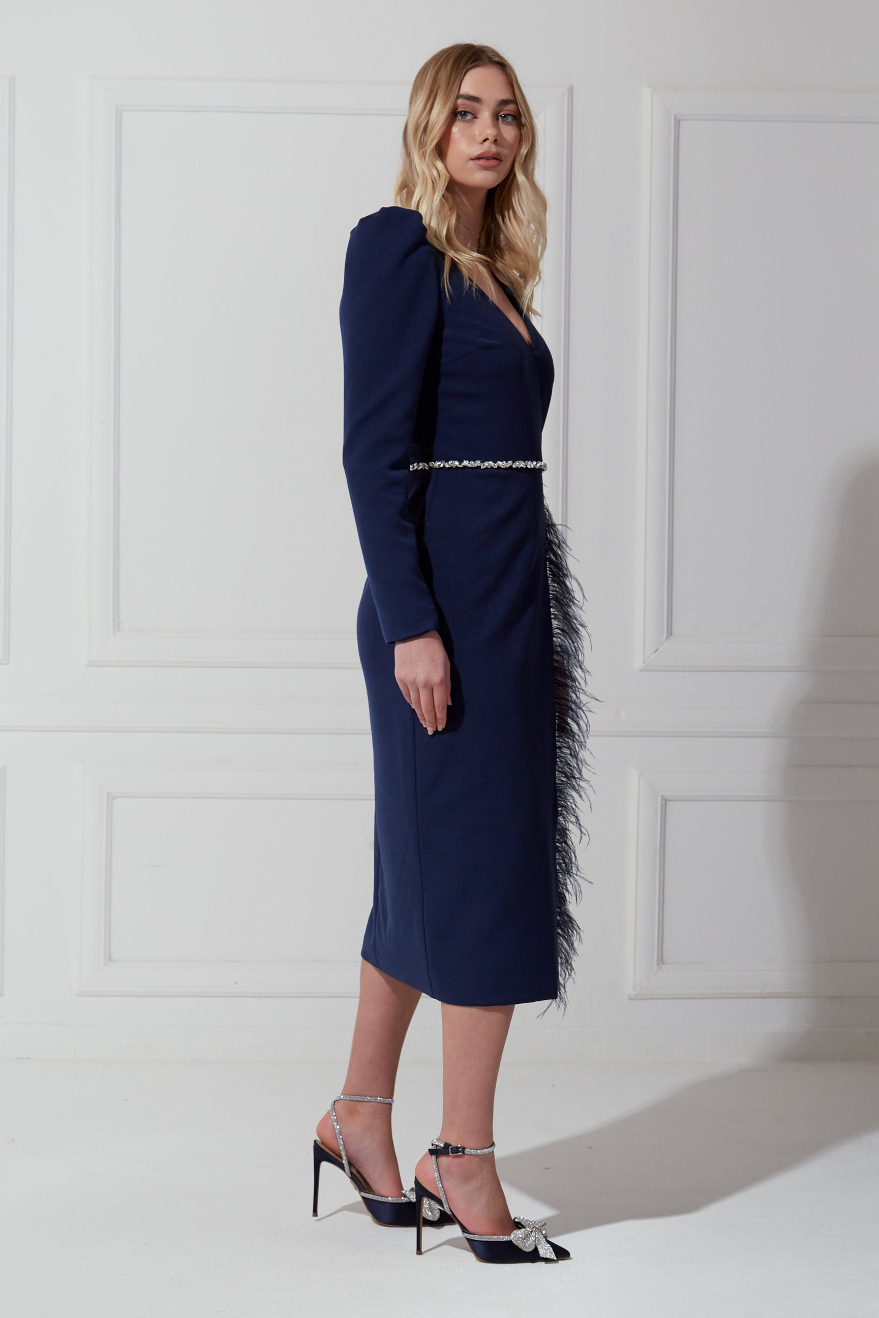 VIVIENNE FEATHER TRIM PUFF SLEEVE DRESS - NAVY BLUE