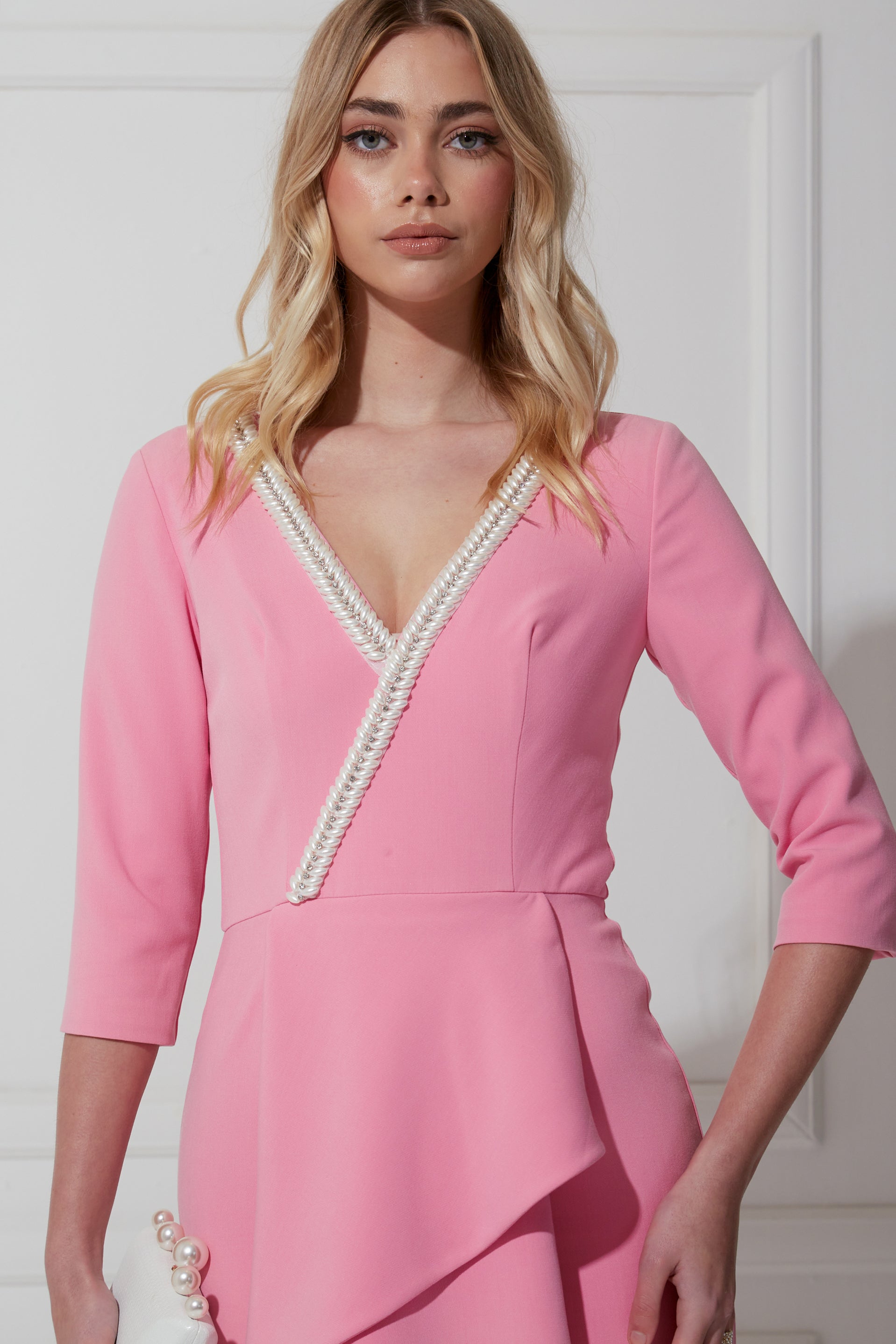 FLORENCE PEARL FRILL FRONT MIDI - CANDY PINK