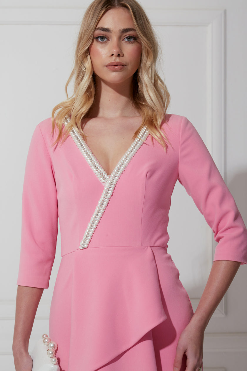 FLORENCE PEARL FRILL FRONT MIDI - CANDY PINK