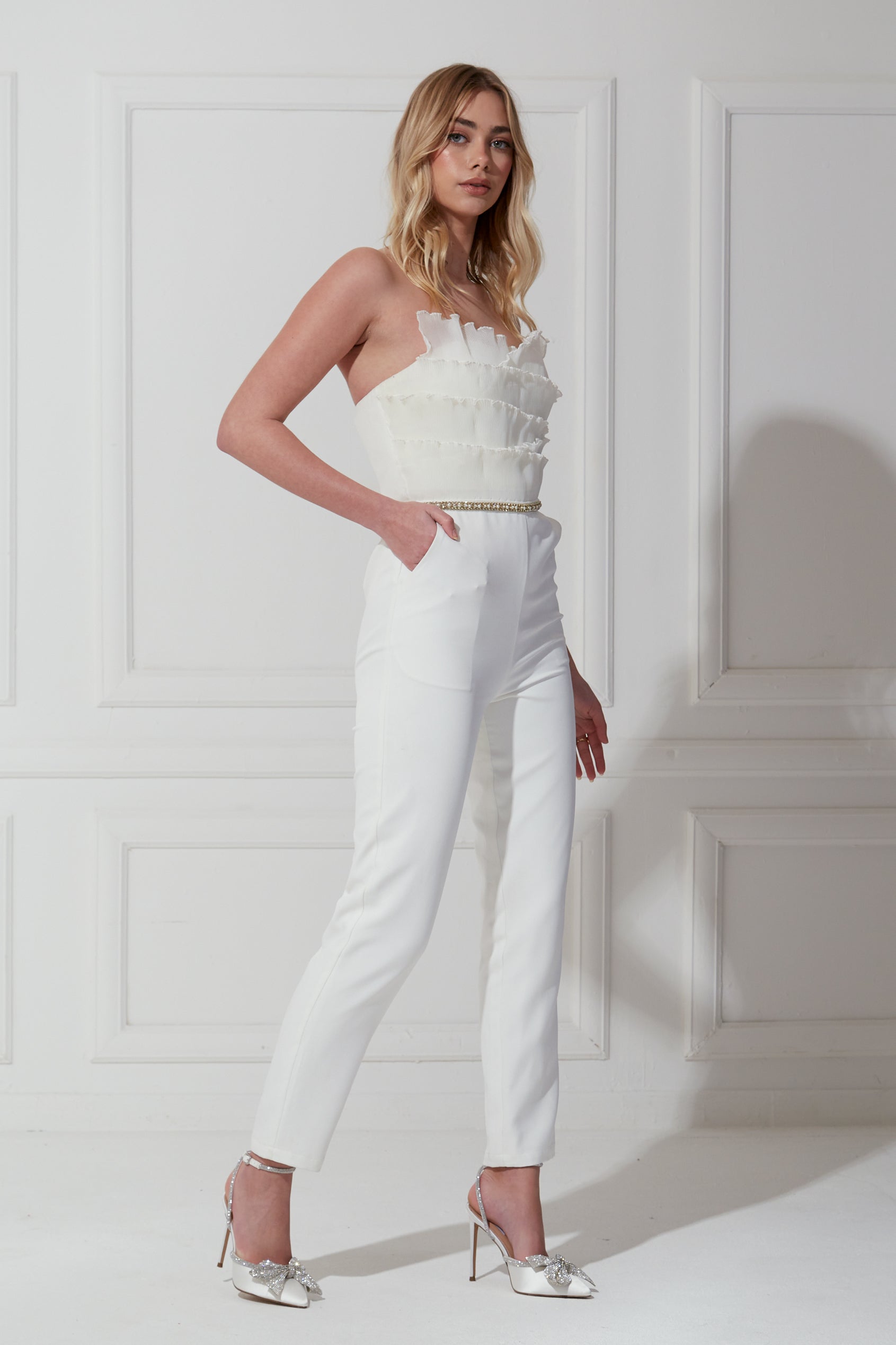 THALIA EMBELLISHED FRILL BANDEAU JUMPSUIT - WHITE