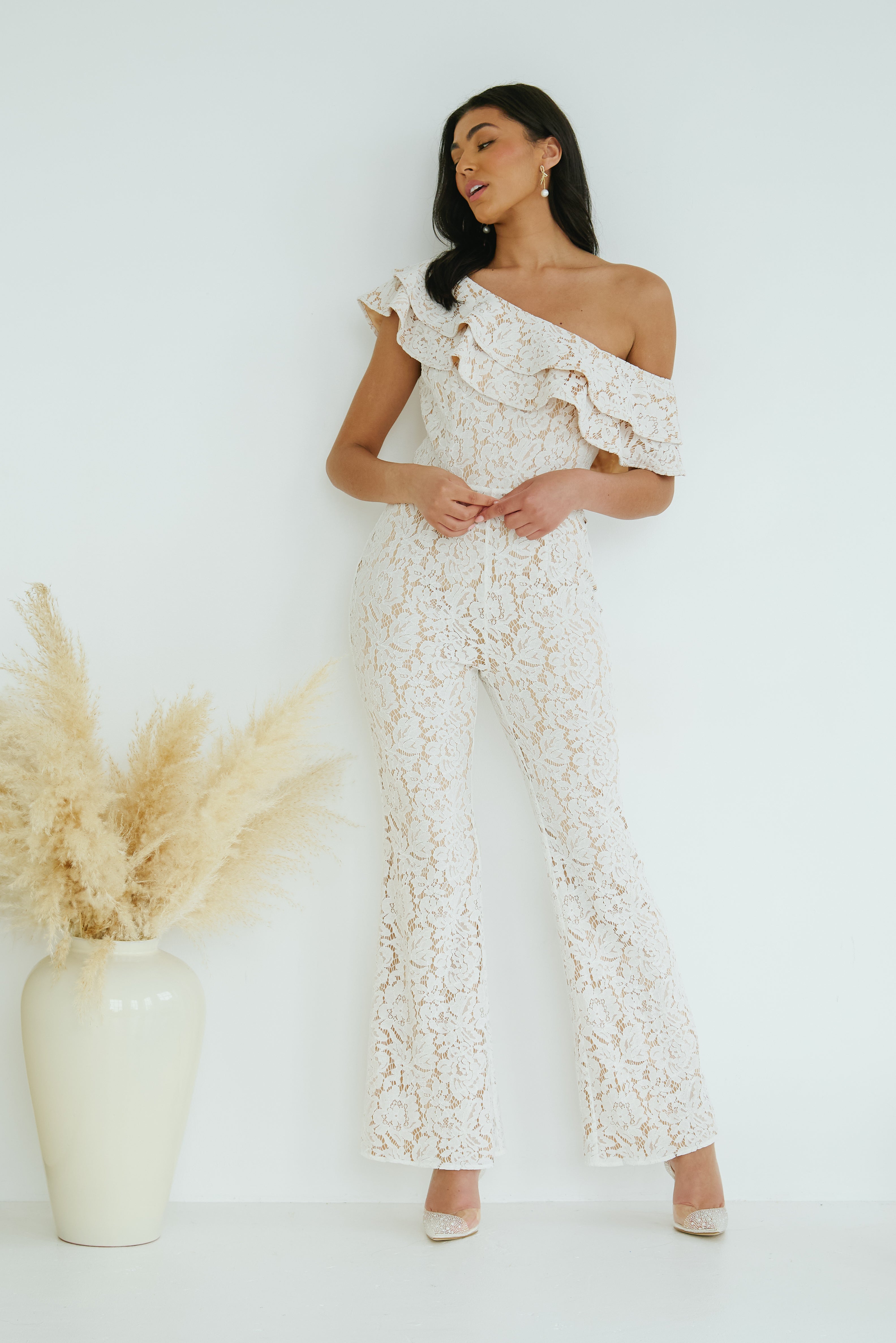 JASMINE LACE OFF THE SHOULDER JUMPSUIT - IVORY