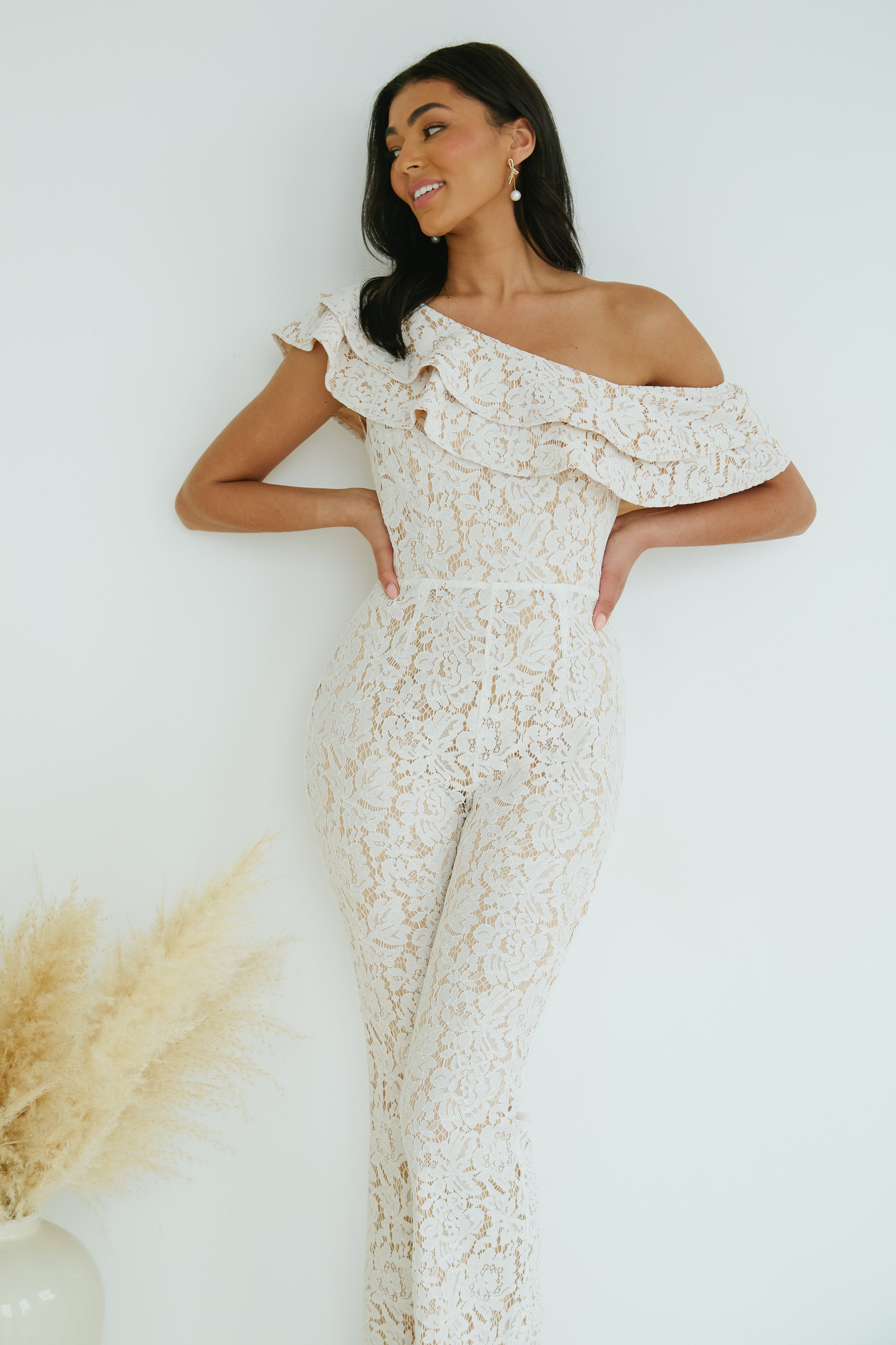 JASMINE LACE OFF THE SHOULDER JUMPSUIT - IVORY