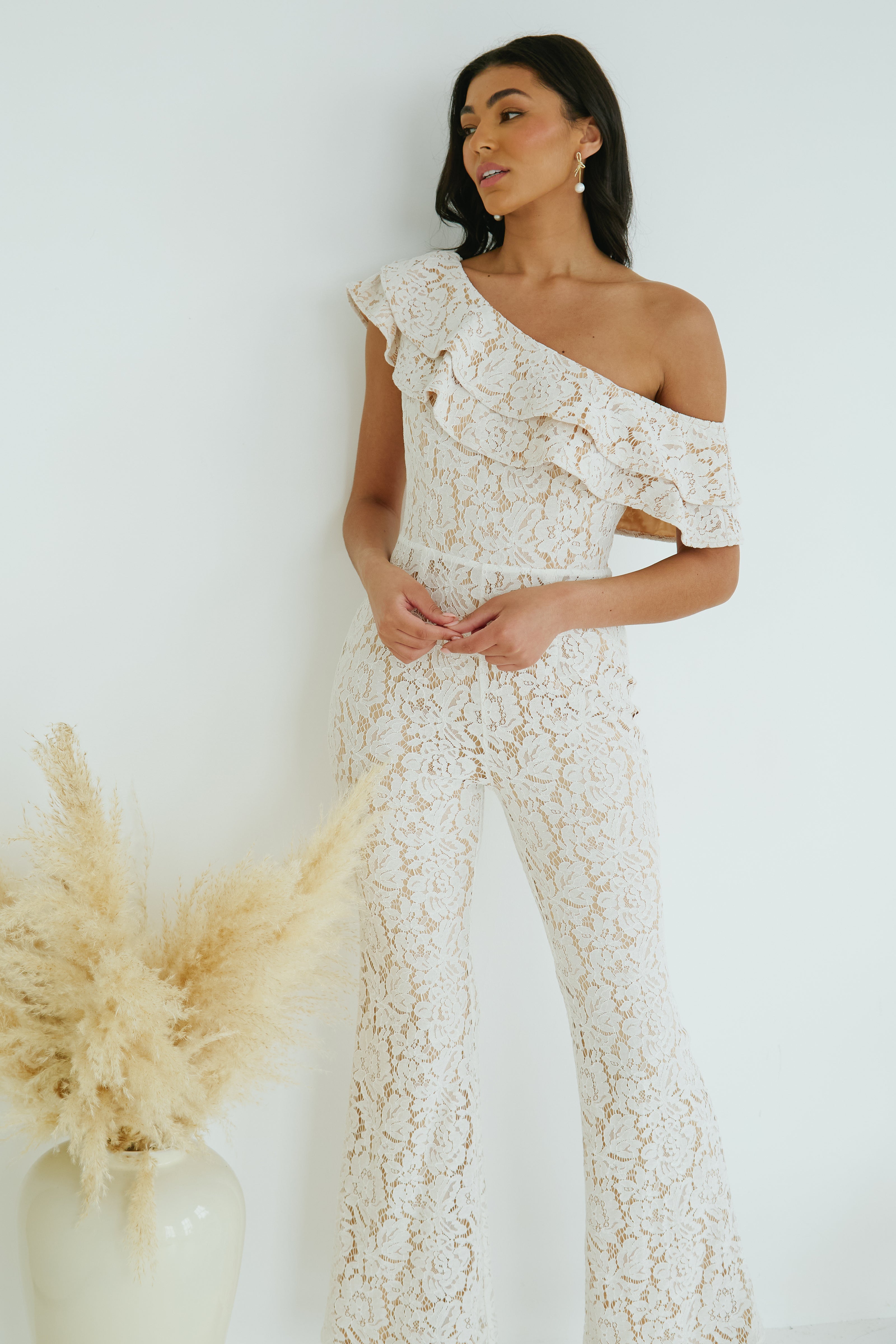 JASMINE LACE OFF THE SHOULDER JUMPSUIT - IVORY