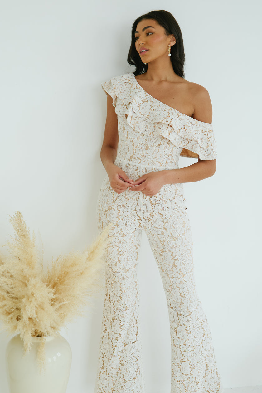 JASMINE LACE OFF THE SHOULDER JUMPSUIT - IVORY