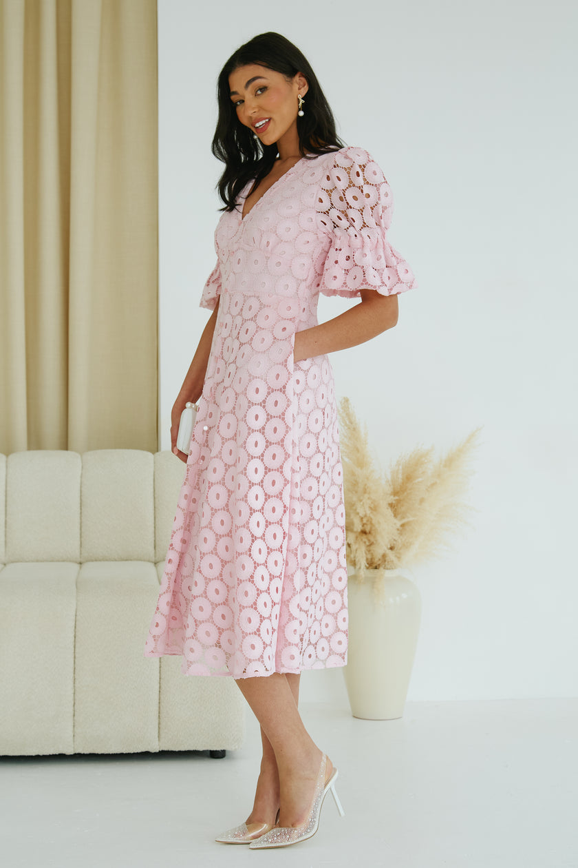 CALLIE CROCHET LACE MIDI DRESS - BLOSSOM PINK – 8thsign