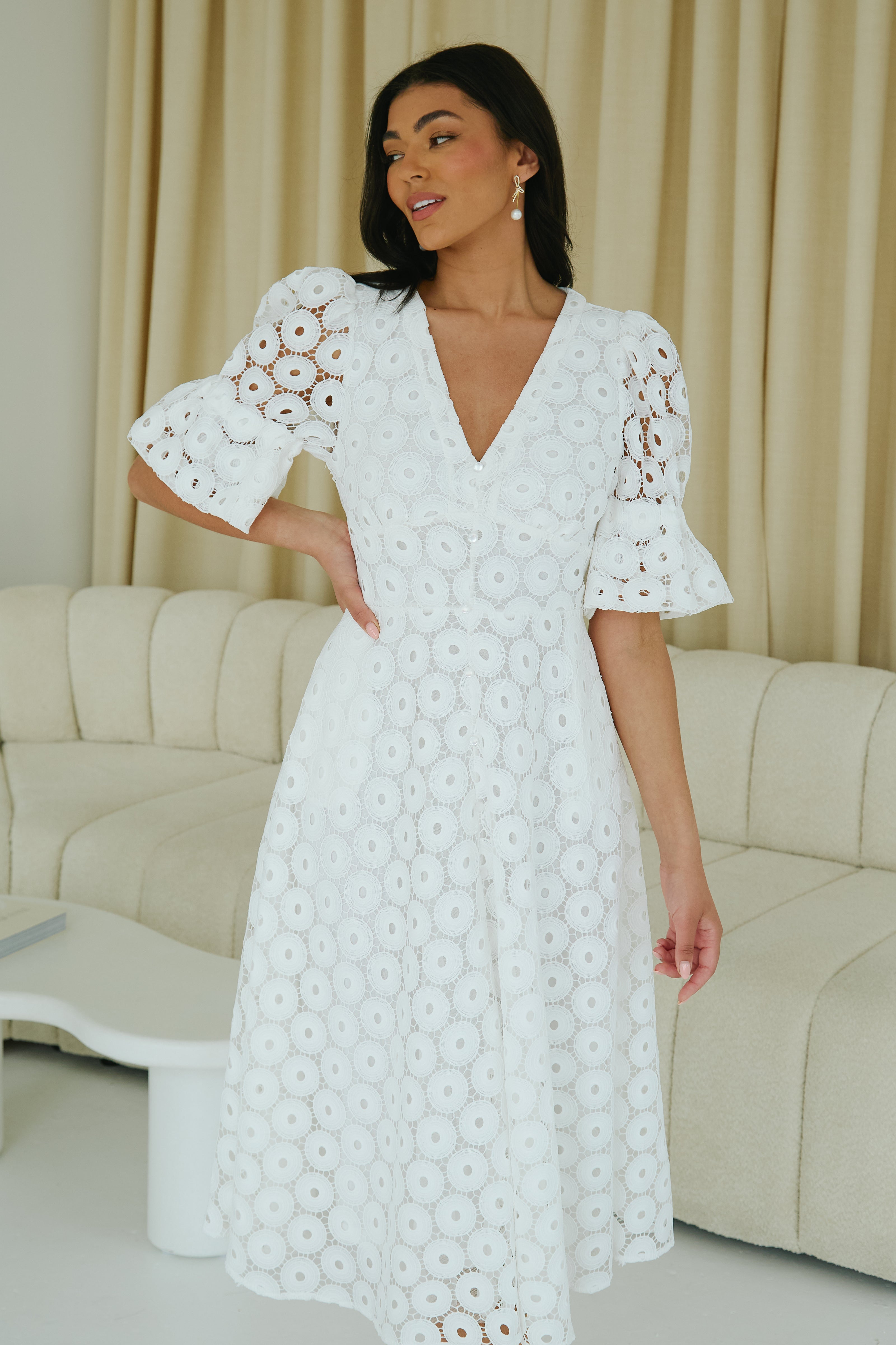 CALLIE CROCHET LACE MIDI DRESS IVORY 8thsign