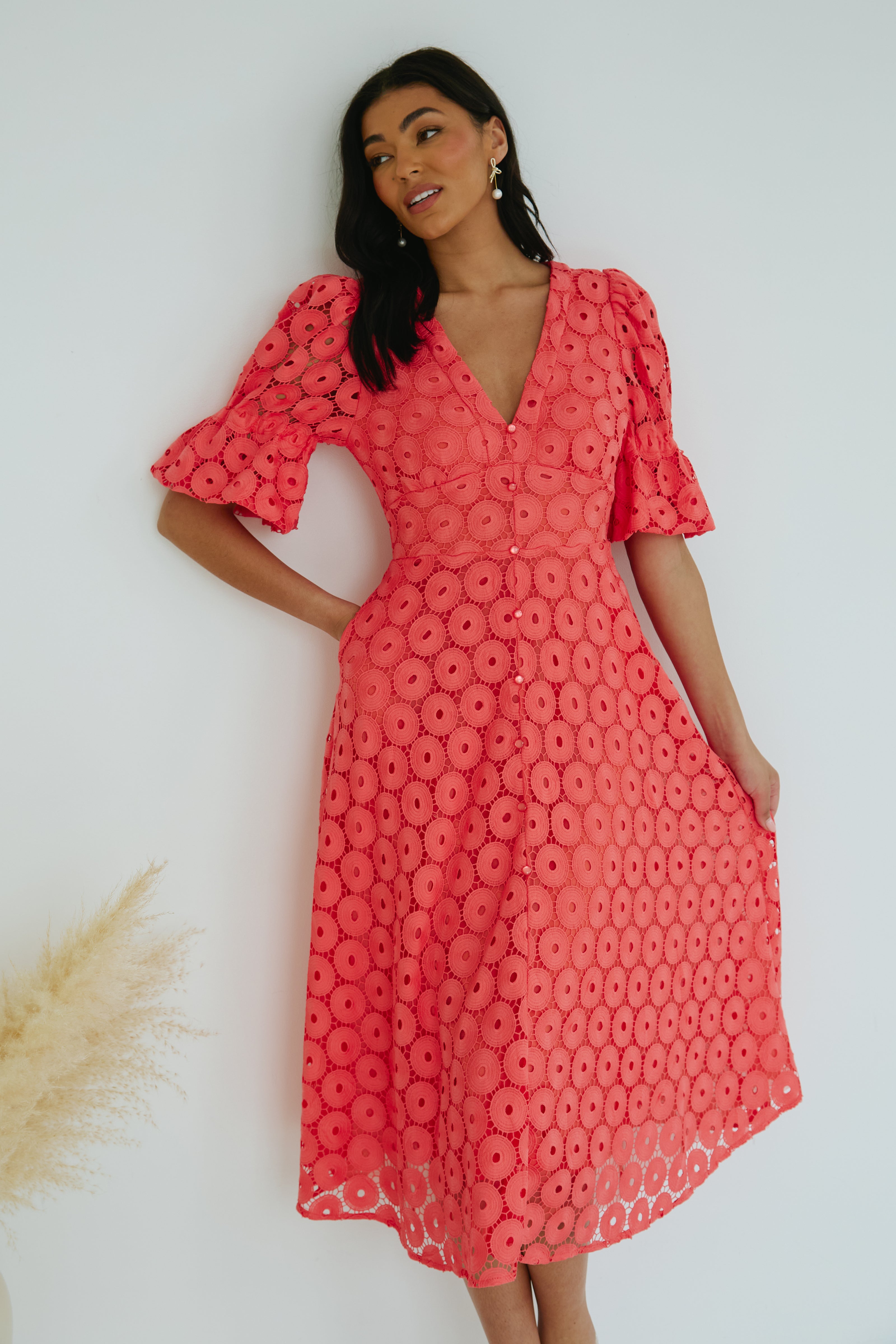 CALLIE CROCHET LACE MIDI DRESS - CORAL