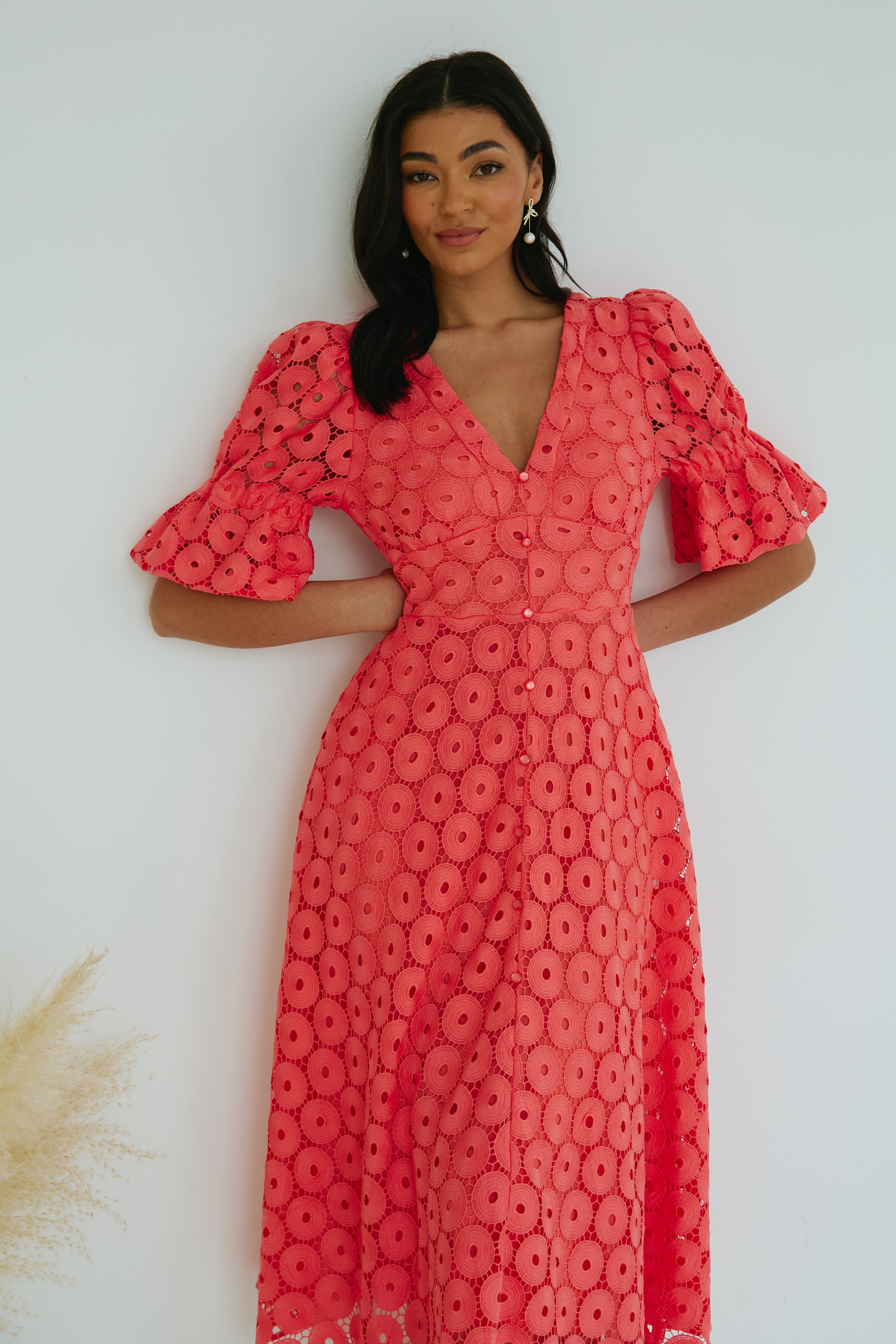 CALLIE CROCHET LACE MIDI DRESS - CORAL