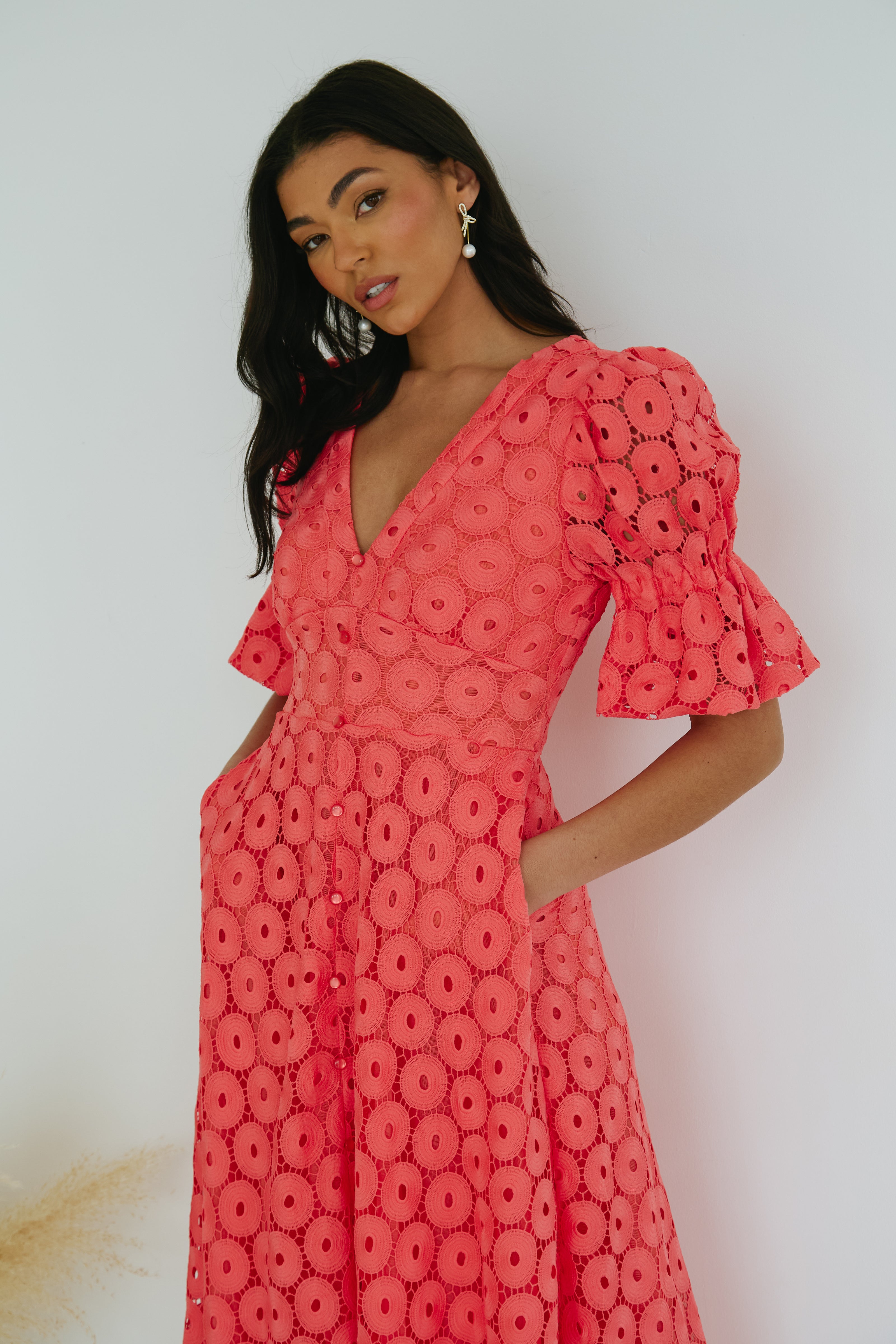 CALLIE CROCHET LACE MIDI DRESS - CORAL