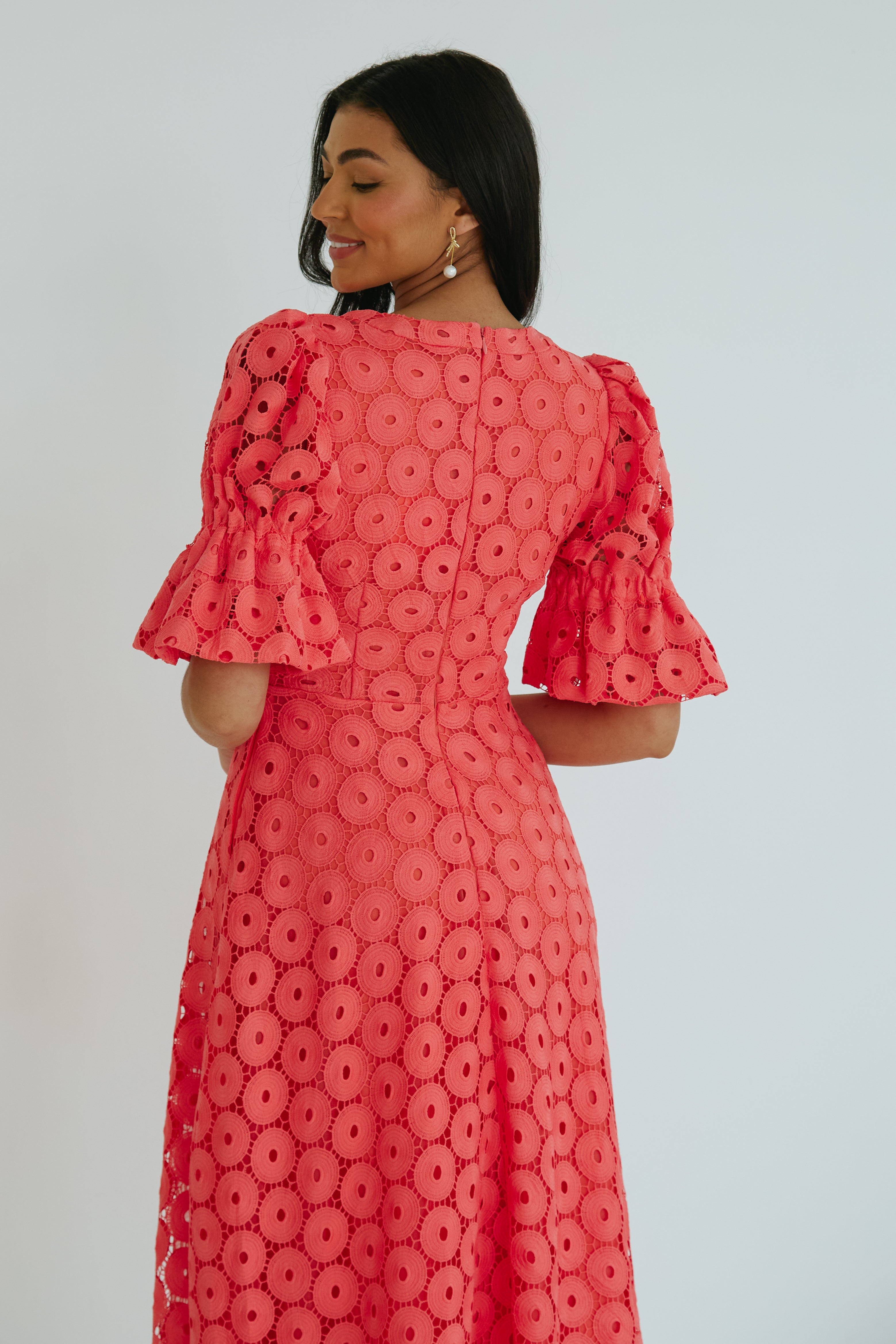 CALLIE CROCHET LACE MIDI DRESS - CORAL