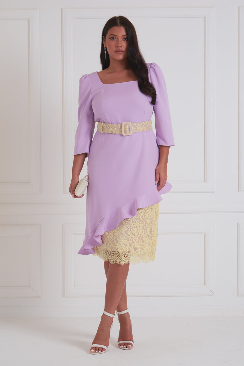 LORETTA ASYMMETRIC LACE FRILL DRESS - LILAC LEMON