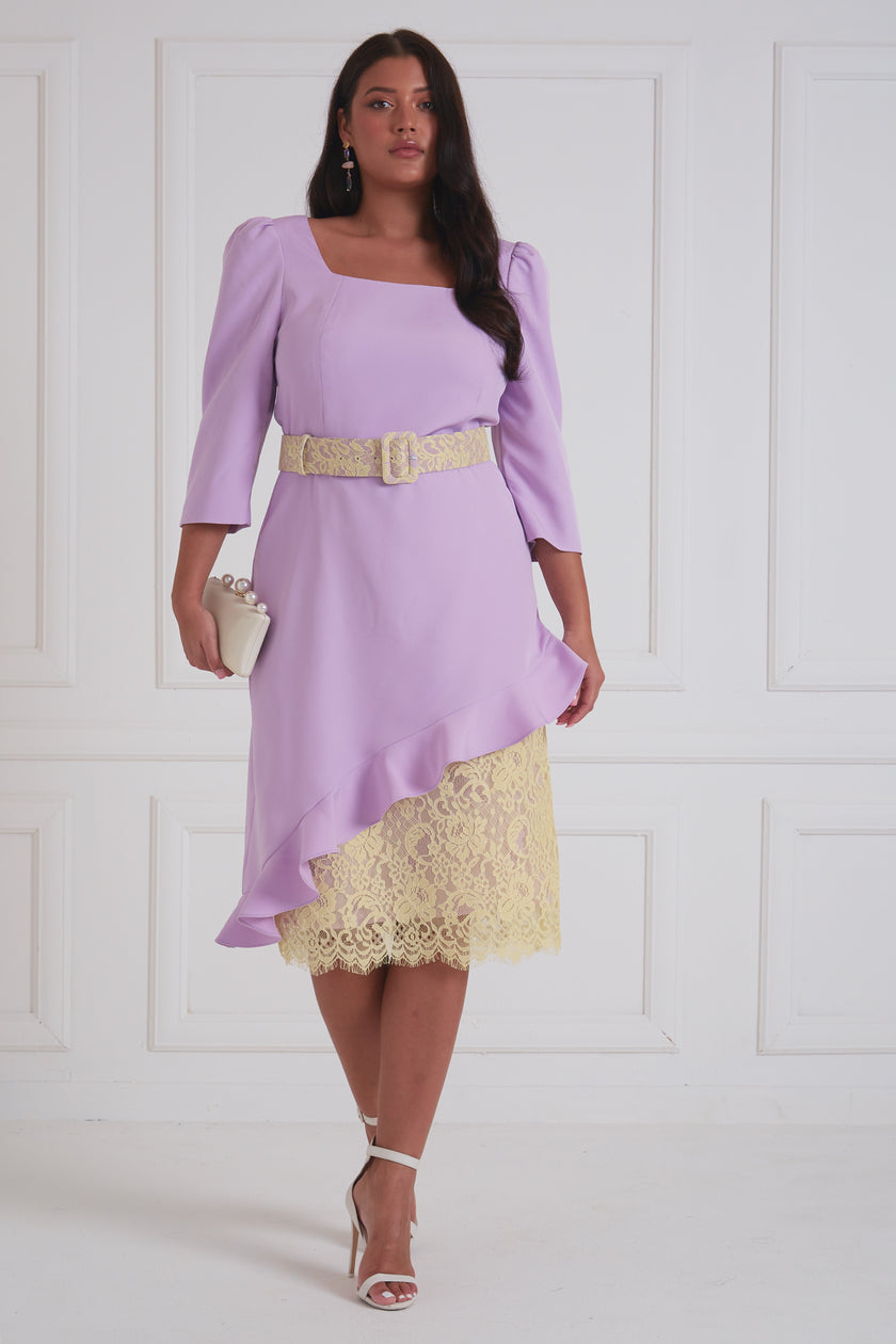 LORETTA ASYMMETRIC LACE FRILL DRESS - LILAC LEMON