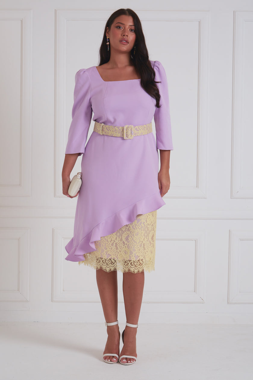 LORETTA ASYMMETRIC LACE FRILL DRESS - LILAC LEMON