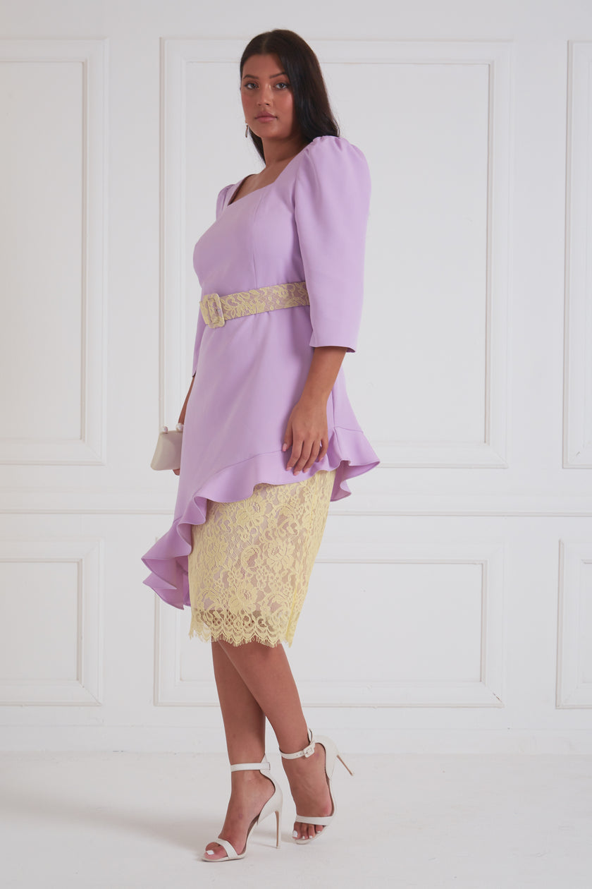 LORETTA ASYMMETRIC LACE FRILL DRESS - LILAC LEMON