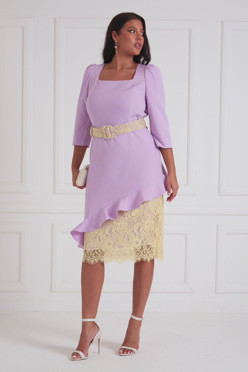 LORETTA ASYMMETRIC LACE FRILL DRESS - LILAC LEMON