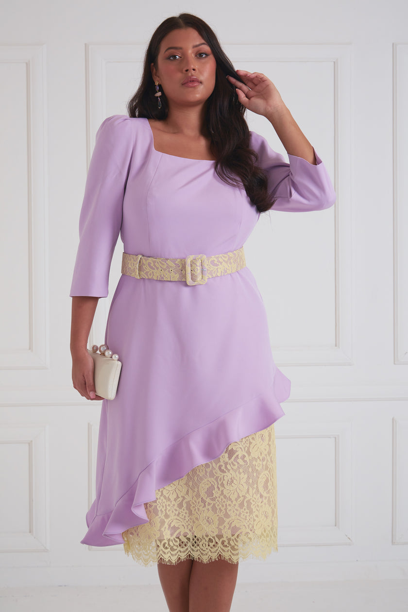 LORETTA ASYMMETRIC LACE FRILL DRESS - LILAC LEMON