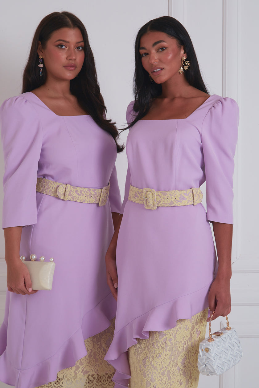LORETTA ASYMMETRIC LACE FRILL DRESS - LILAC LEMON