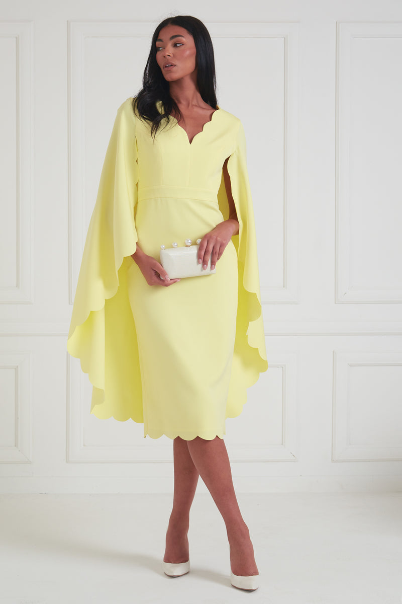 SOPHIA SCALLOP EDGE CAPE MIDI DRESS - LEMON
