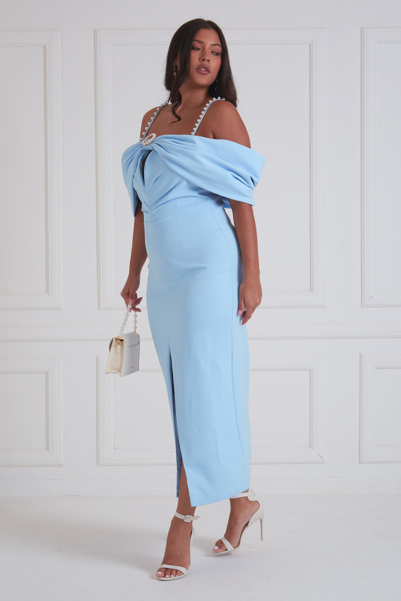 MARILYN PEARL BOW DRESS - PALE BLUE