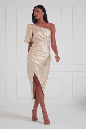 DIANA METALLIC 1 SHOULDER RUCHE MIDI - GOLD