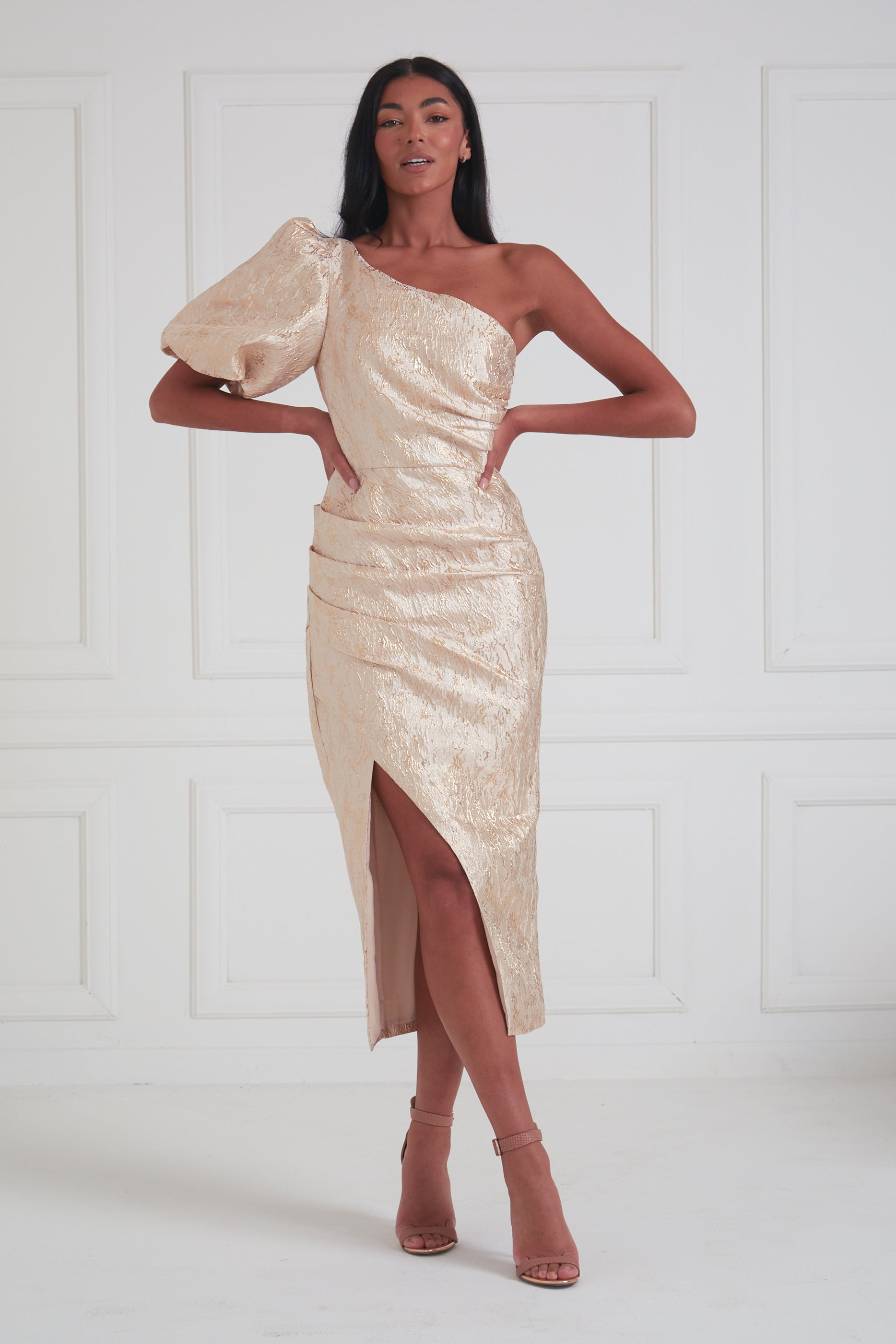 DIANA METALLIC 1 SHOULDER RUCHE MIDI - GOLD