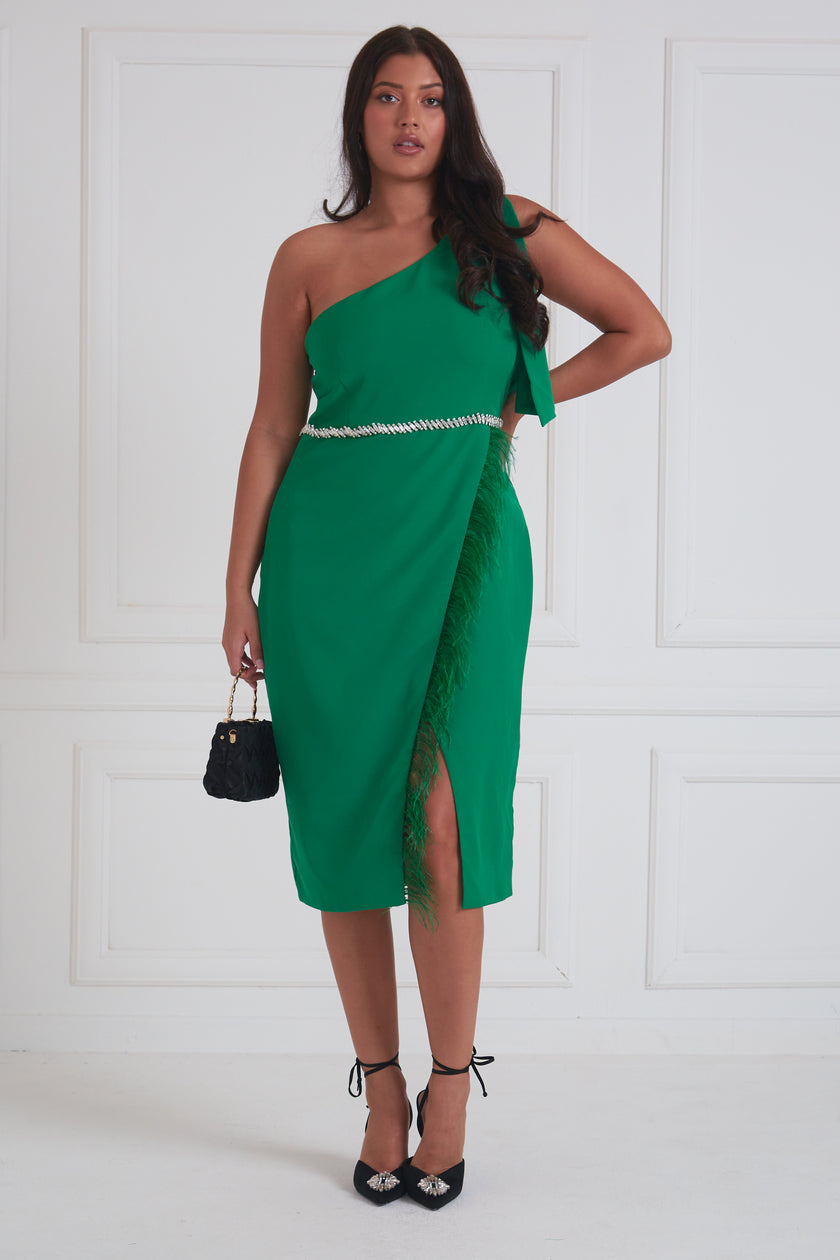 NOVALIE 1 SHOULDER FEATHER DRESS - EMERALD GREEN