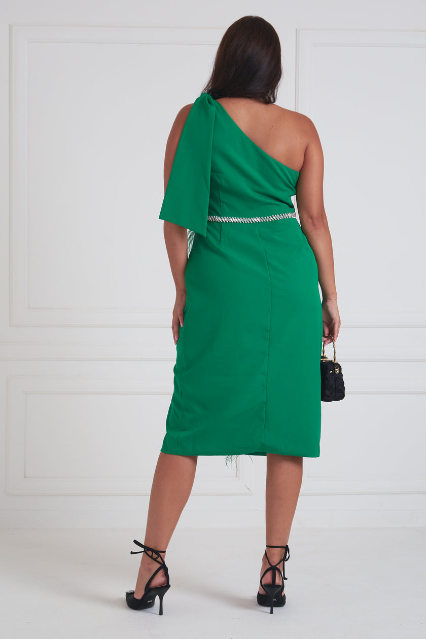 NOVALIE 1 SHOULDER FEATHER DRESS - EMERALD GREEN