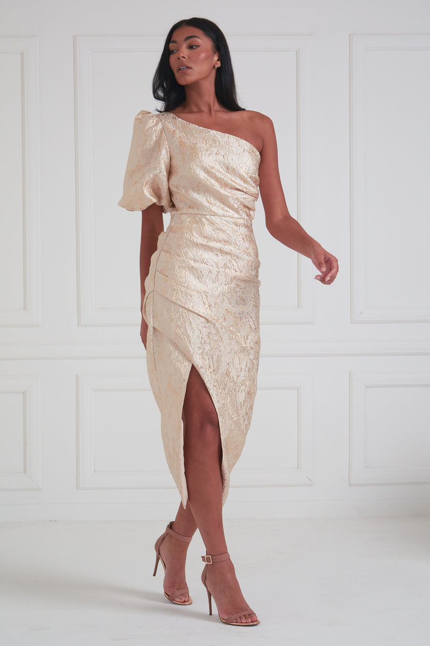 DIANA METALLIC 1 SHOULDER RUCHE MIDI - GOLD