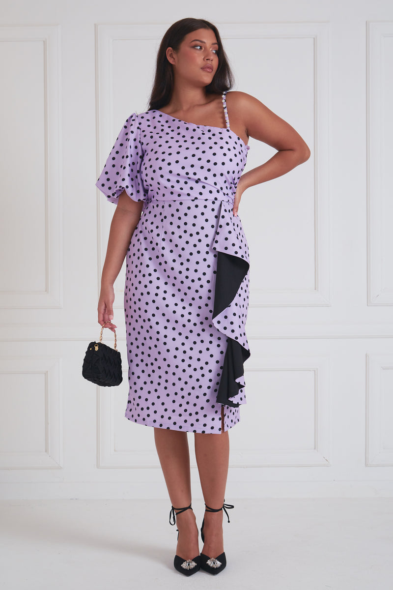 EVITA 1 SLEEVE POLKA DOT FRILL DRESS - LILAC