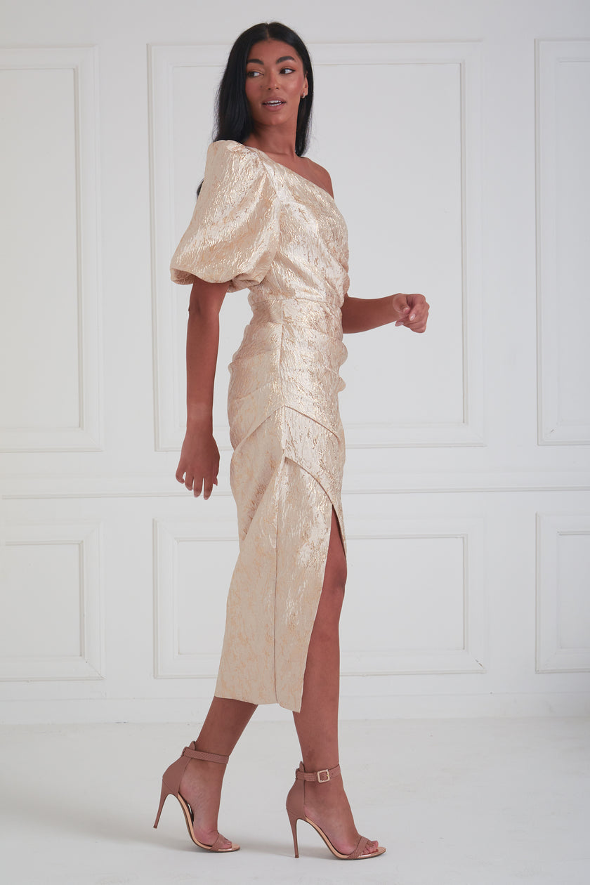 DIANA METALLIC 1 SHOULDER RUCHE MIDI - GOLD
