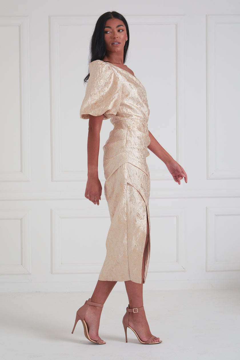 DIANA METALLIC 1 SHOULDER RUCHE MIDI - GOLD