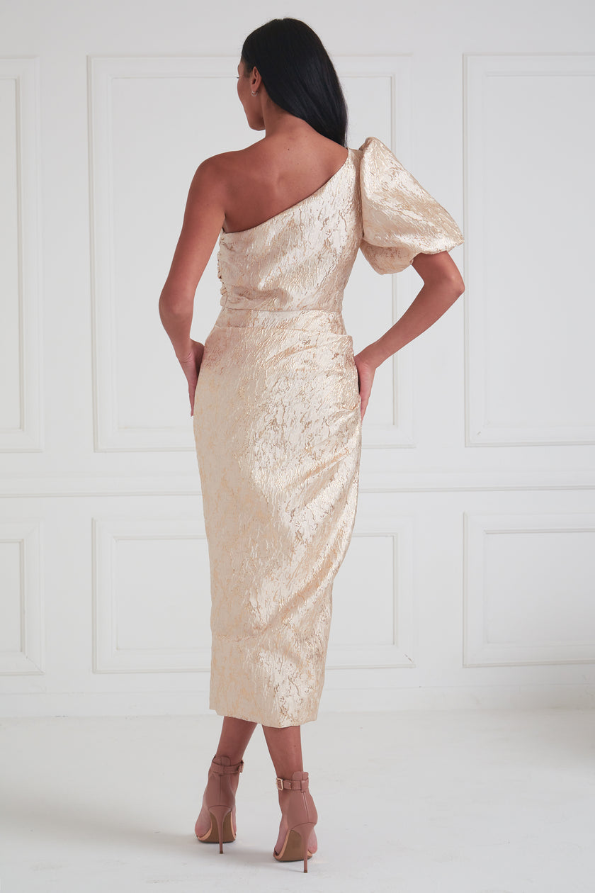 DIANA METALLIC 1 SHOULDER RUCHE MIDI - GOLD