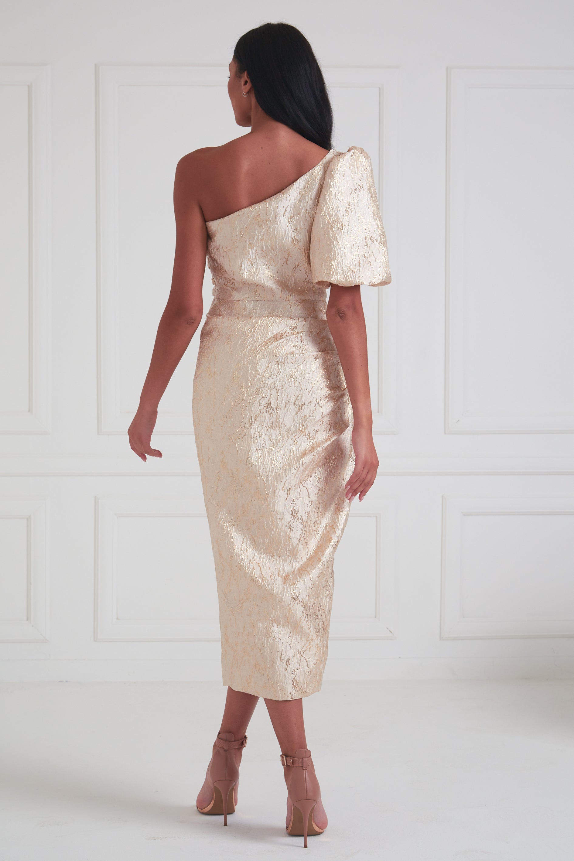 DIANA METALLIC 1 SHOULDER RUCHE MIDI - GOLD