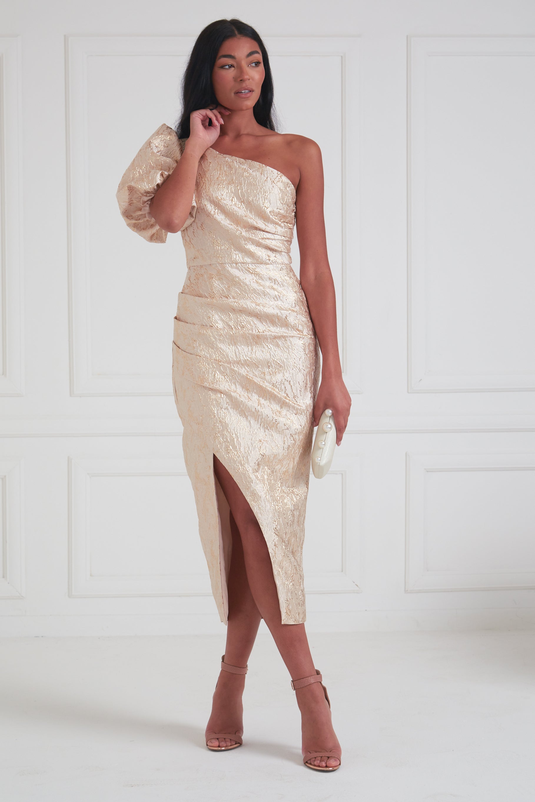 DIANA METALLIC 1 SHOULDER RUCHE MIDI - GOLD