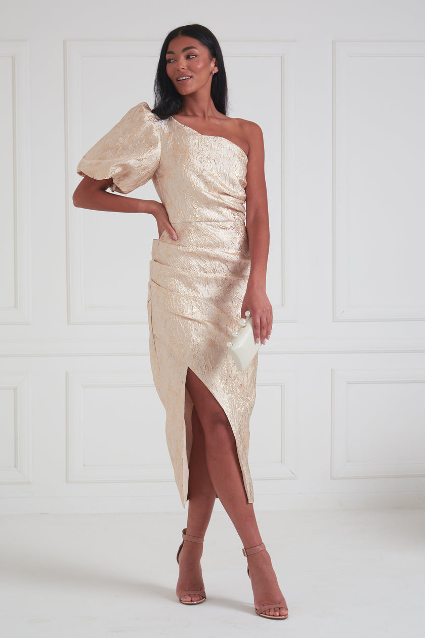 DIANA METALLIC 1 SHOULDER RUCHE MIDI - GOLD